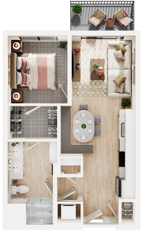 Floor plan for 1 bed, 1 bath, 587 sqft